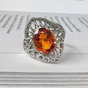Vintage Kabana Sterling Silver Filigree Ring w/ Orange Gemstone, Size 7